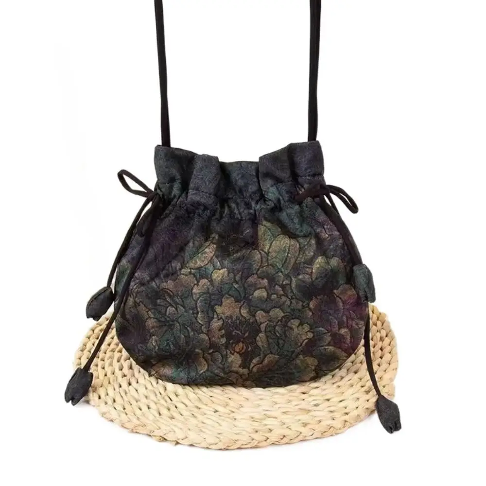 

Silk Material Retro Handbags Drawstring Closure Embroidery Design Drawstring Purse Storage Function Embroidery Silk Bags