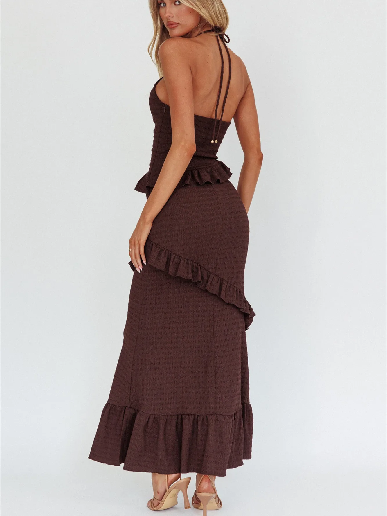 ملابس الصيف النسائية بلون واحد انقطاع الرسن تانك القمم تكدرت تنورة طويلة مجموعة ملابس الحفلات