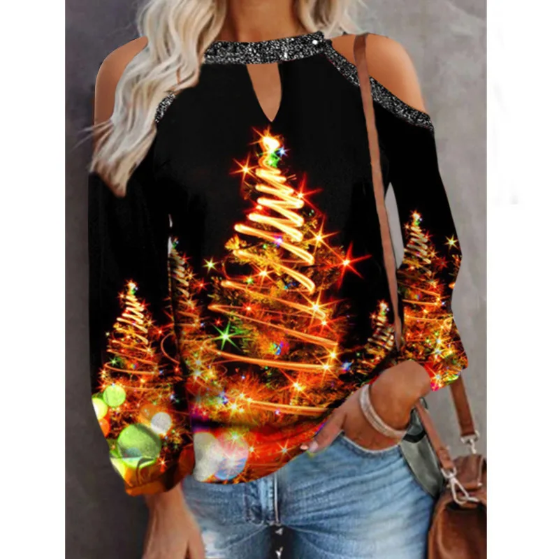 

Boring Honey Print Elk Snowflake Christmas Costume Large Size Dew Shoulder Fashion Women Blouses O-Neck Long Sleeves Clothing