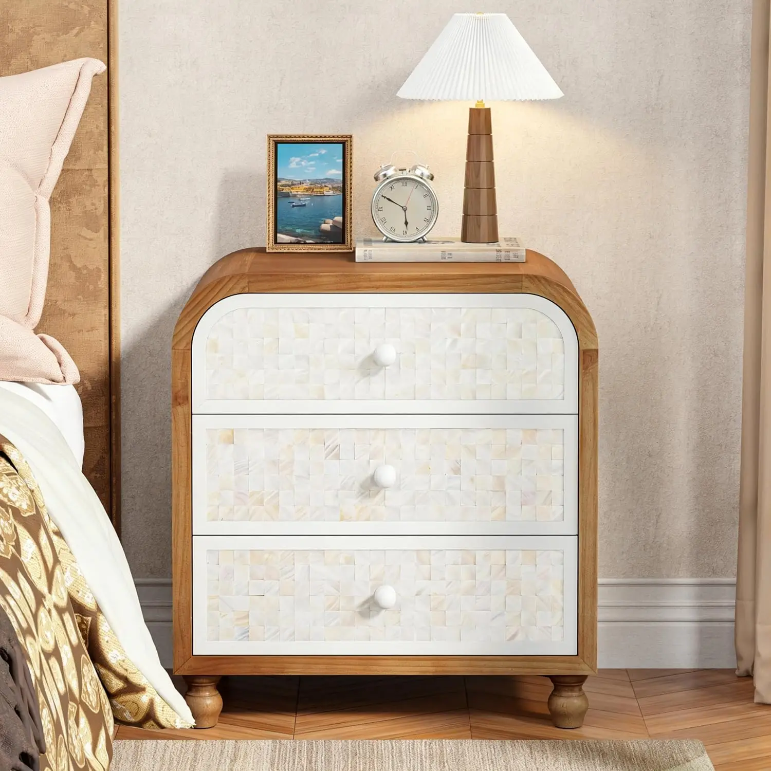 3 Drawer Nightstand with Shell-Inlaid Fronts, Wood Bedside Table for Bedroom, Customized