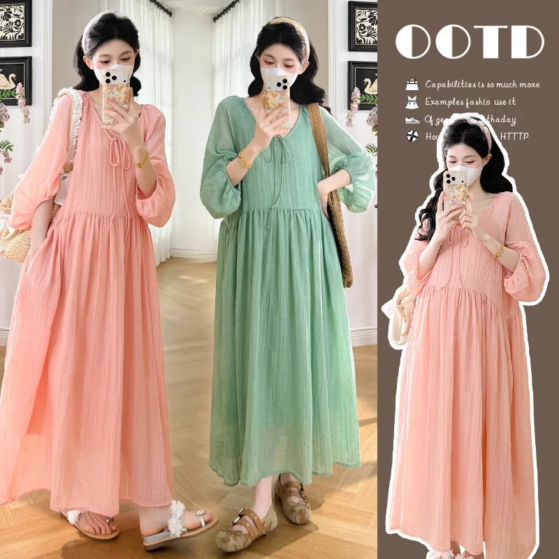 

Летнее повседневное минималистичное дышащее платье макси с V-образным вырезом и длинным рукавом для беременных женщин, коллекция 2026 года