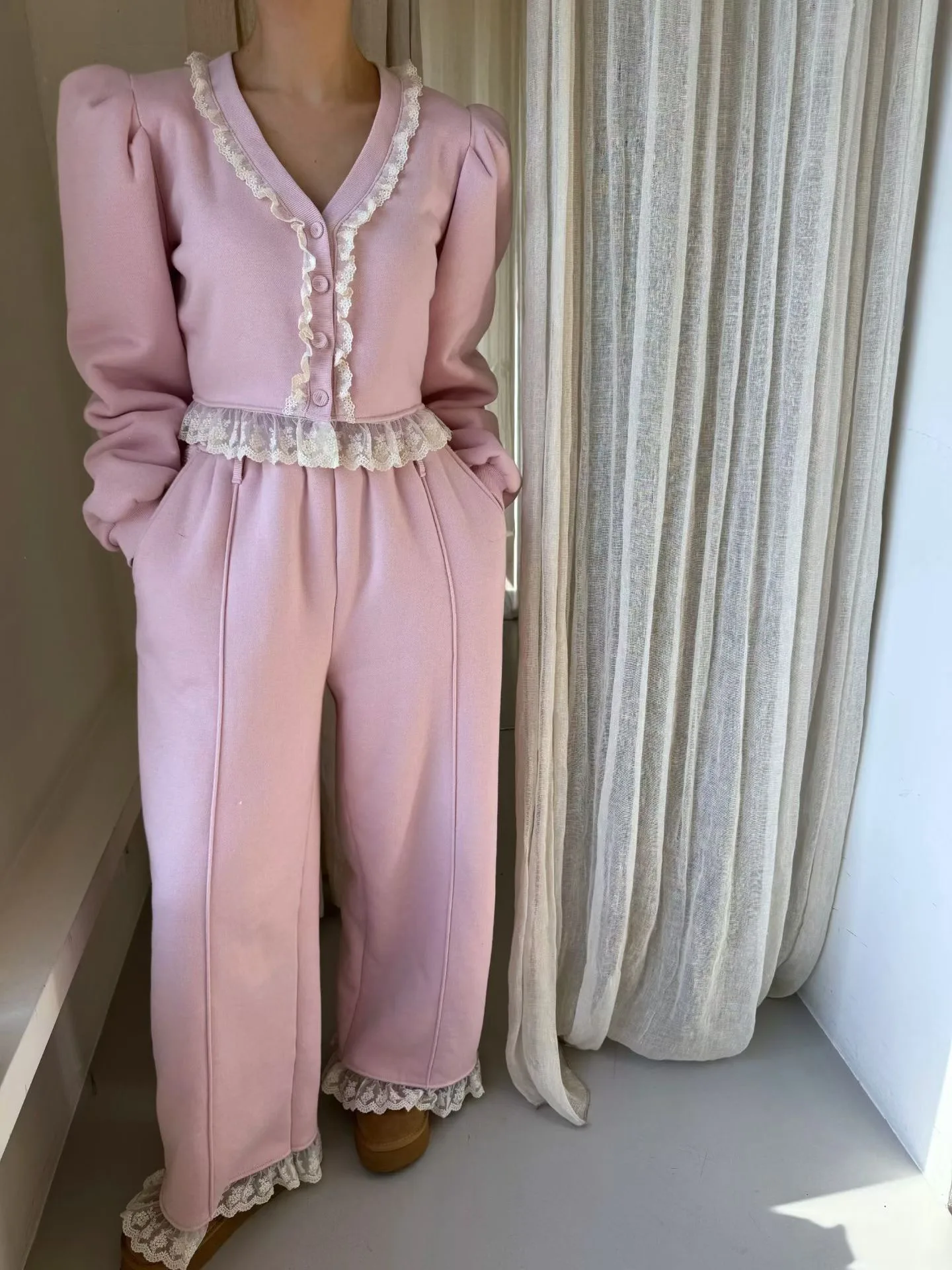 

Faionable Splice Lace Decoration ort Open Cardigan Women's Winter High Waist Straight Leg Casual Long Pants Set