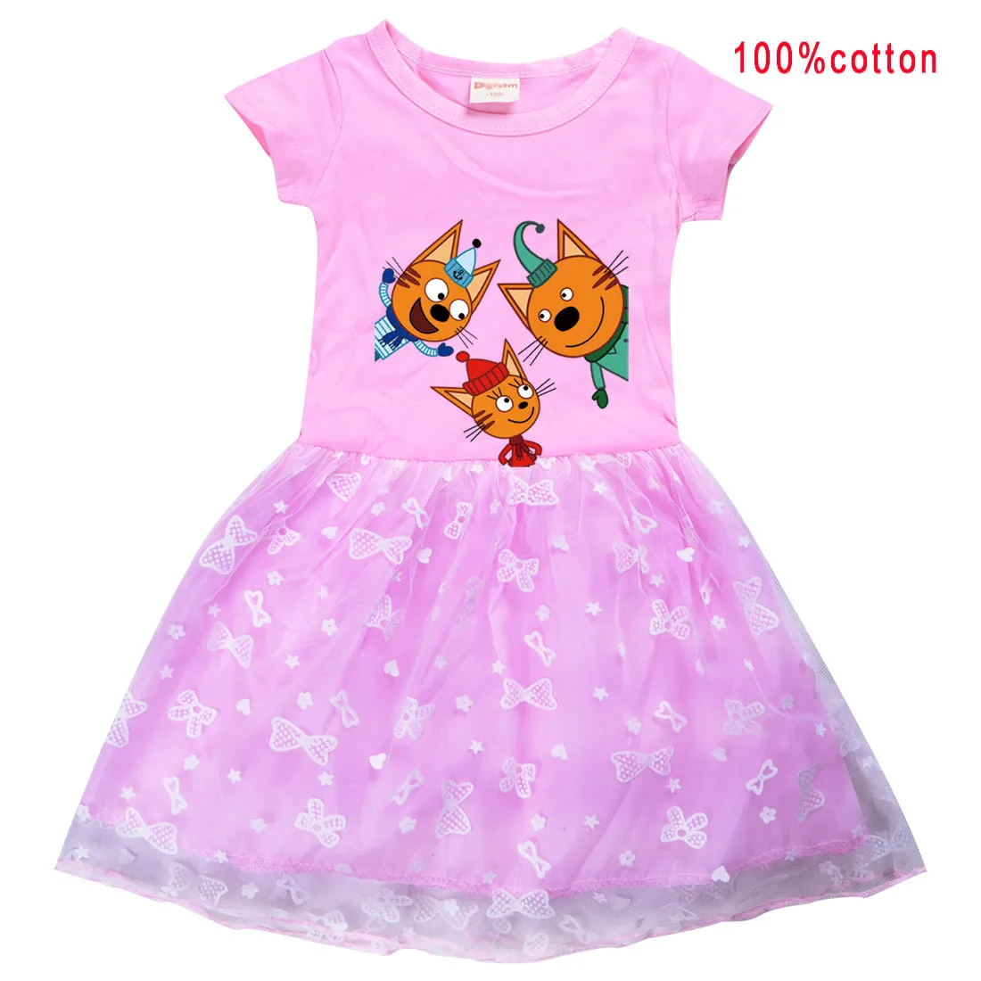 

New Happy Three Kittens Russian Kid-E-Cats Dress Kids Short Sleeve Casual Dresses Toddler Girls Lace Ball Gown Princess Vestidos