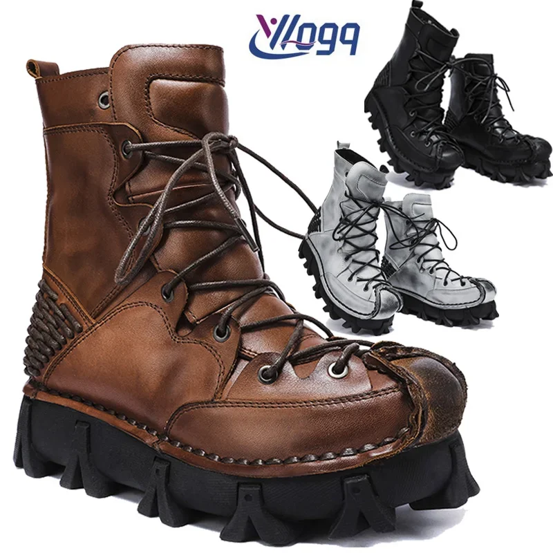 Men's Motorcycle Boots Thick Heel Real Leather Tactical Boots,Mid-calf Skull Goth Male Round Toe Cowboy Western Engineer Boots