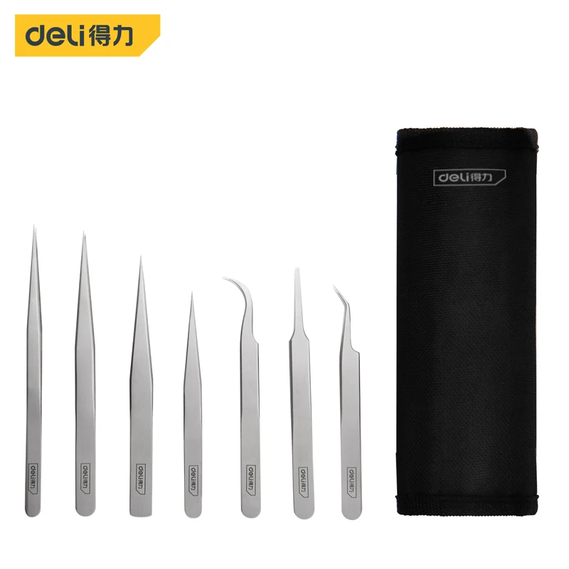 

Deli 8 Pcs Industrial Antimagnetic Tweezer Set Surface Sandblasting High Precision Tweezer Kit for Electronics Repair Band Tools