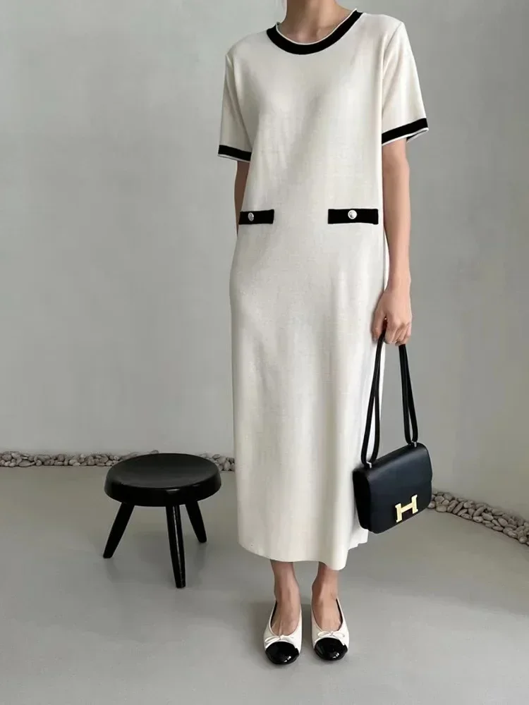 New Elegant French Style Knit Dress Women O-neck Contrast Color Short Sleeve Casual Midi Long Dresses Korean Fashion Vestidos