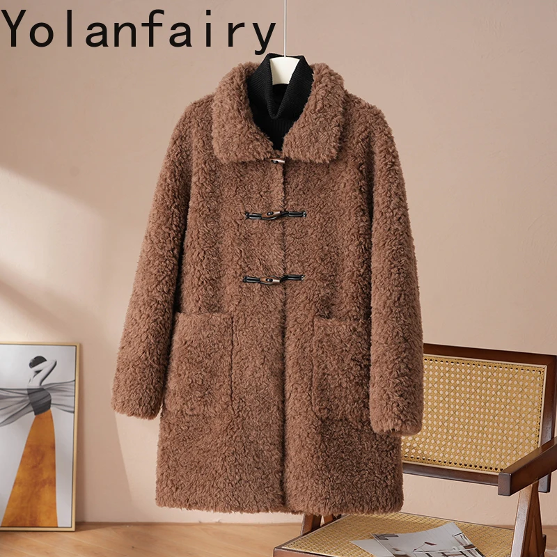 YOLANFAIRY معاطف صوف 100% للنساء شتاء متوسط الطول سترة قص الأغنام سترات صوفية نسائية غير رسمية Chaquetas Para Mujer #3