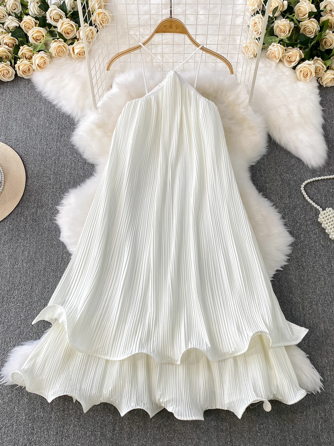 Sexy sem costas halter vestido de verão feminino solto flowy em camadas bolo vestido