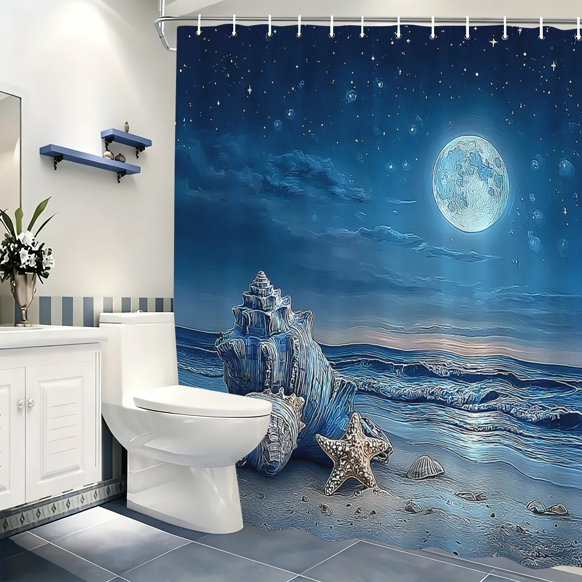 

Bathtub Curtain Vibrant Marine Life & Shell Pattern Polyester Shower Curtain - Nautical Style Bathroom Decor Fabric