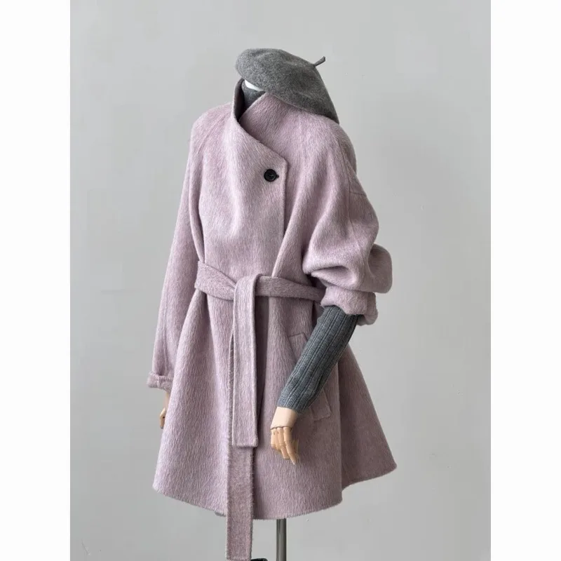 Women Oversized Wool Blend Coat Stand Collar Belted Button Loose Long Sleeve Pocket Warm Jacket Autumn Winter