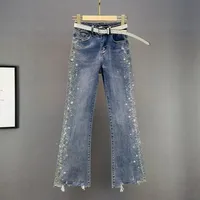 High Waist Wide Leg Denim Jeans Women's Spring Summer New Style Heavy Embellished Diamond Flared Long Pants Slimming Effect
