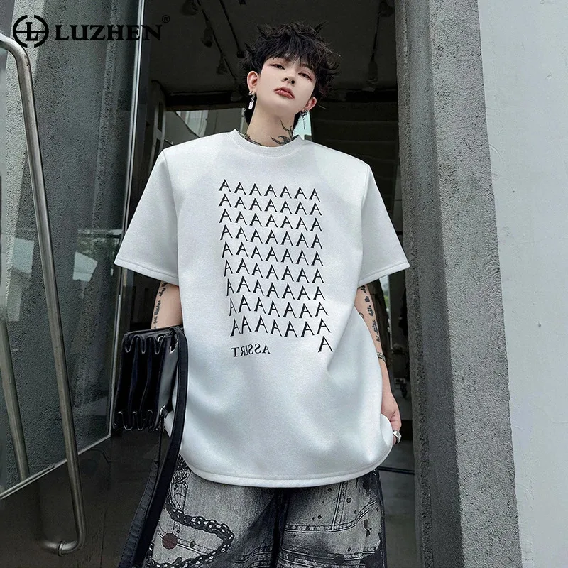 LUZHEN Summer Letter Printed Shoulder Pad Short Sleeve 2026 T-shirts Men's Fashion Street Loose Round Neck Male Clothes JY8497