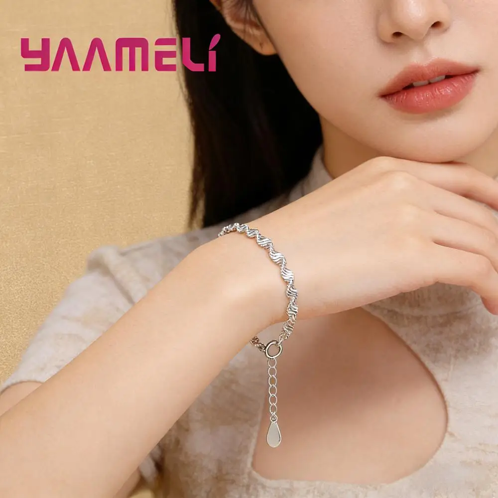 Simple 925 Sterling Silver Wavy Shape Adjustable Bangle&Bracelets for Women Men Engagement Party Jewelry Gifts Accessory