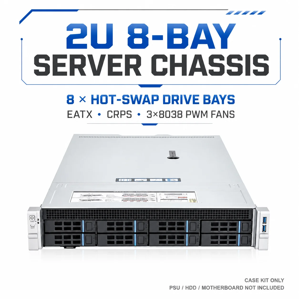 2U 8-Bay Rackmount Server Chassis Hot Swap 2.5/3.5 SAS SATA NAS Case EATX CEB ATX M-ATX ITX CRPS 3x8038 PWM Fans
