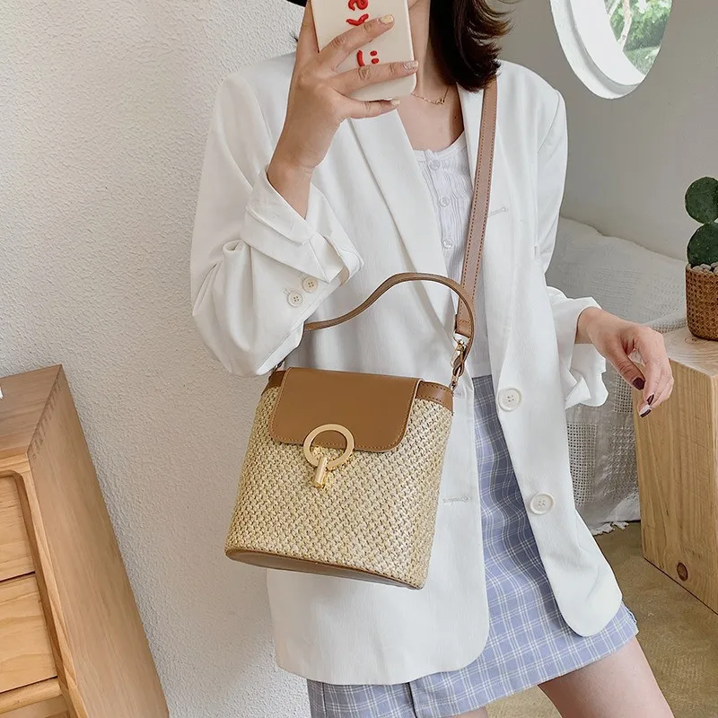 Small Straw Bucket Bags For Women 2023 Summer Crossbody Bags Lady Travel Purses And Handbags Female Shoulder Simple Bag