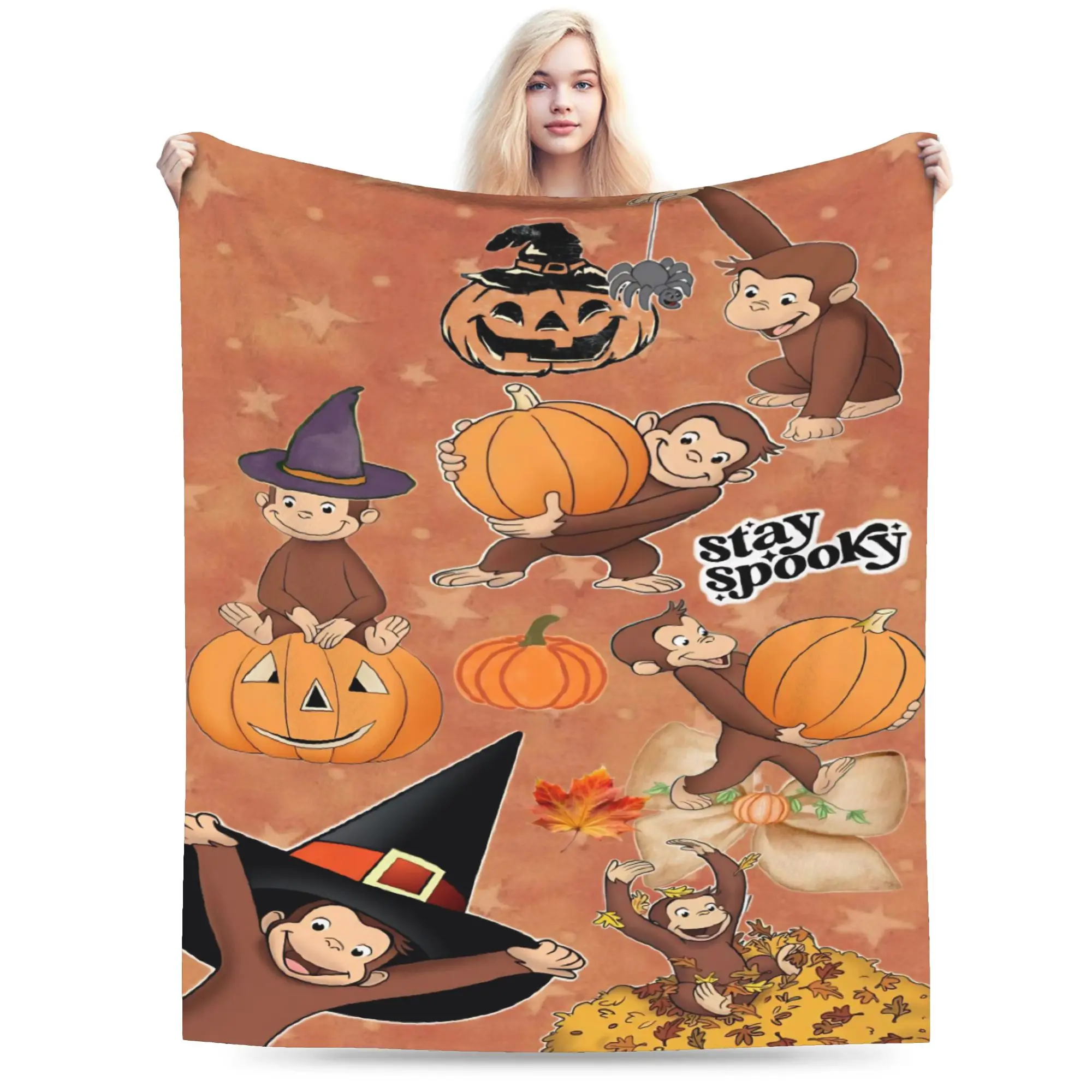 Warm Blanket Picnic Halloween Curious George Themed Throw Blanket  Flannel Bedspread For Outdoor Pattern Sofa Bed Cover