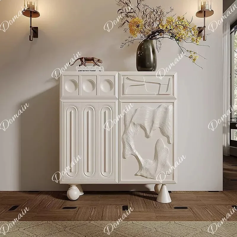 XB Elegant French Cream Carved Shoe Cabinet Modern Entryway Storage Floor Standing Hallway Divider