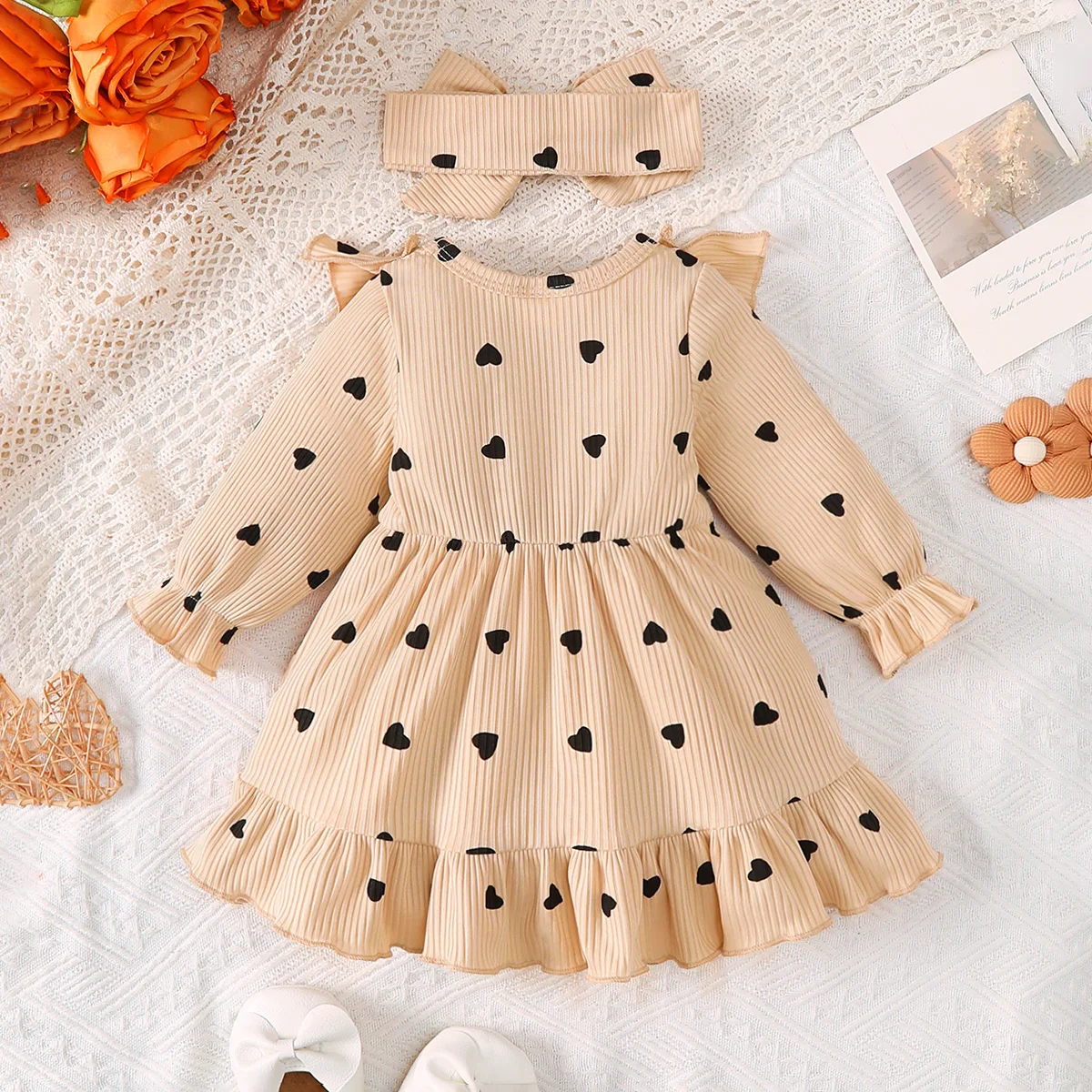 Baby Girl Dress Ruffled Heart Long Sleeved A-line Dress+Headband Suitable 0-18 Months Baby Girl Autumn Stylish Comfortable Dress