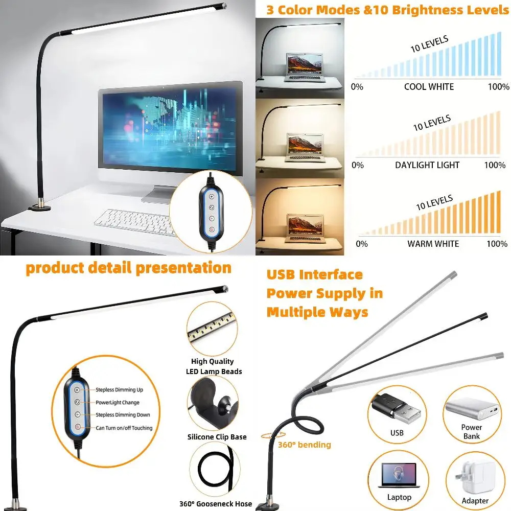 

Настольная лампа, 3 режима, 10 яркостей, вращение на 360 °, освещение для глаз, гибкая стойка, архитектурная Рабочая лампа, USB CL