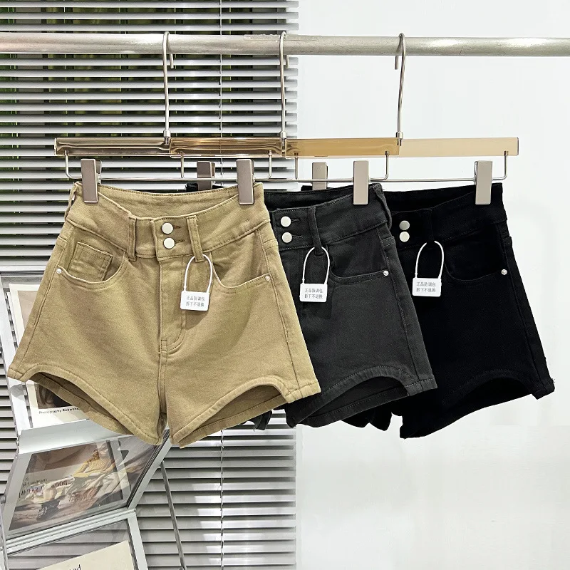 Women Korean Retro Y2k Shorts Pants Lady Vintage High Street Hot Pants Female Khaki Low Waist Elastic Wrapped Hip Short Jeans