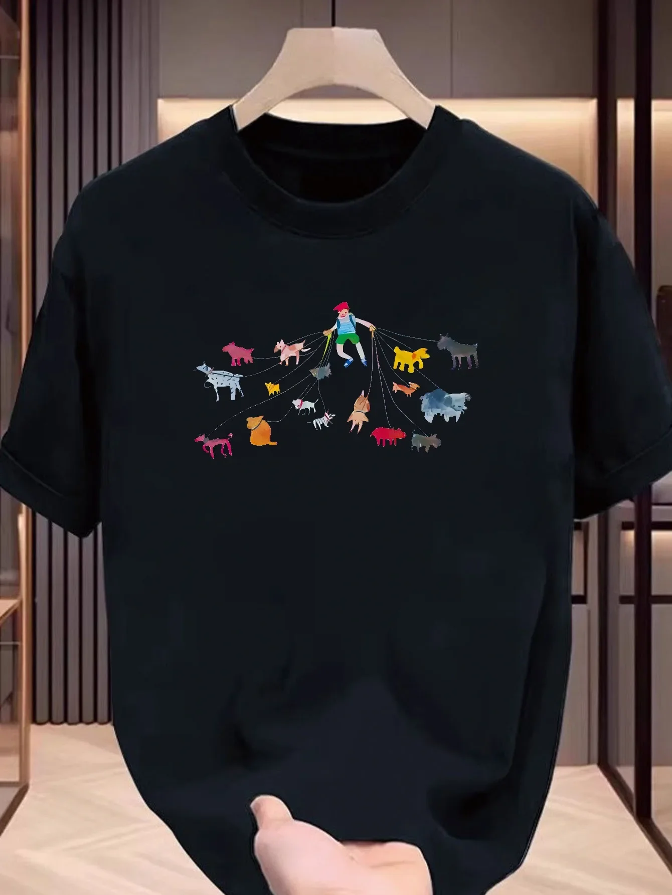 Minimalist Hand‑drawn Kid Pull‑the‑Leash Colorful Dogs Art Printed Oversized White Daily‑wear Casual Short‑sleeve T‑shirt Cute