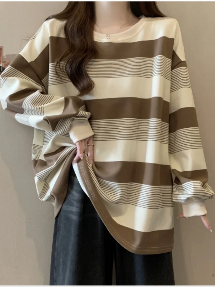 Women's Long Sleeve T-shirt Retro Oversized Striped Sweatshirt Spring Autumn Thin Loose BF Lazy Style Niche Long Sleeve Top