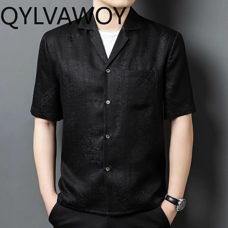 QYLVAWOY High Quality Shirts Summer Men's Shirts 100% Mulberry Silk Short Sleeve Shirt Chinese Style Shirts for Men Ropa Hombre