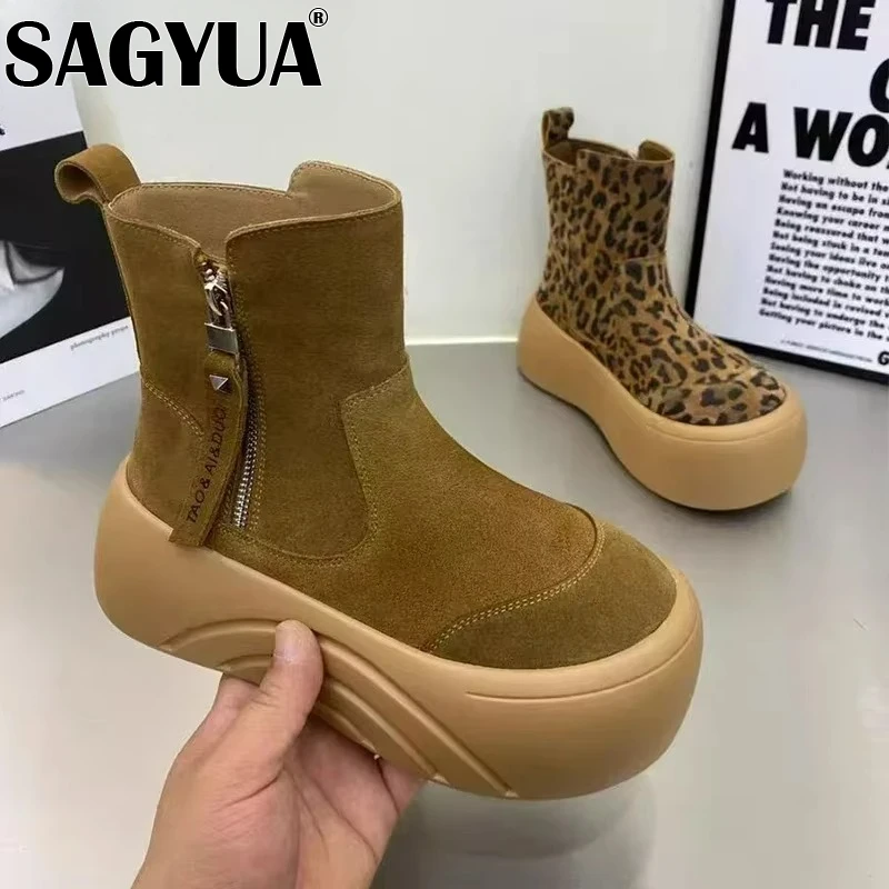 Suede Leopard Women Shoes Chelsea Flats Platform Snow Ankle Boots Designer 2025 Trend New Casual Cozy Short Plush Botas Mujer