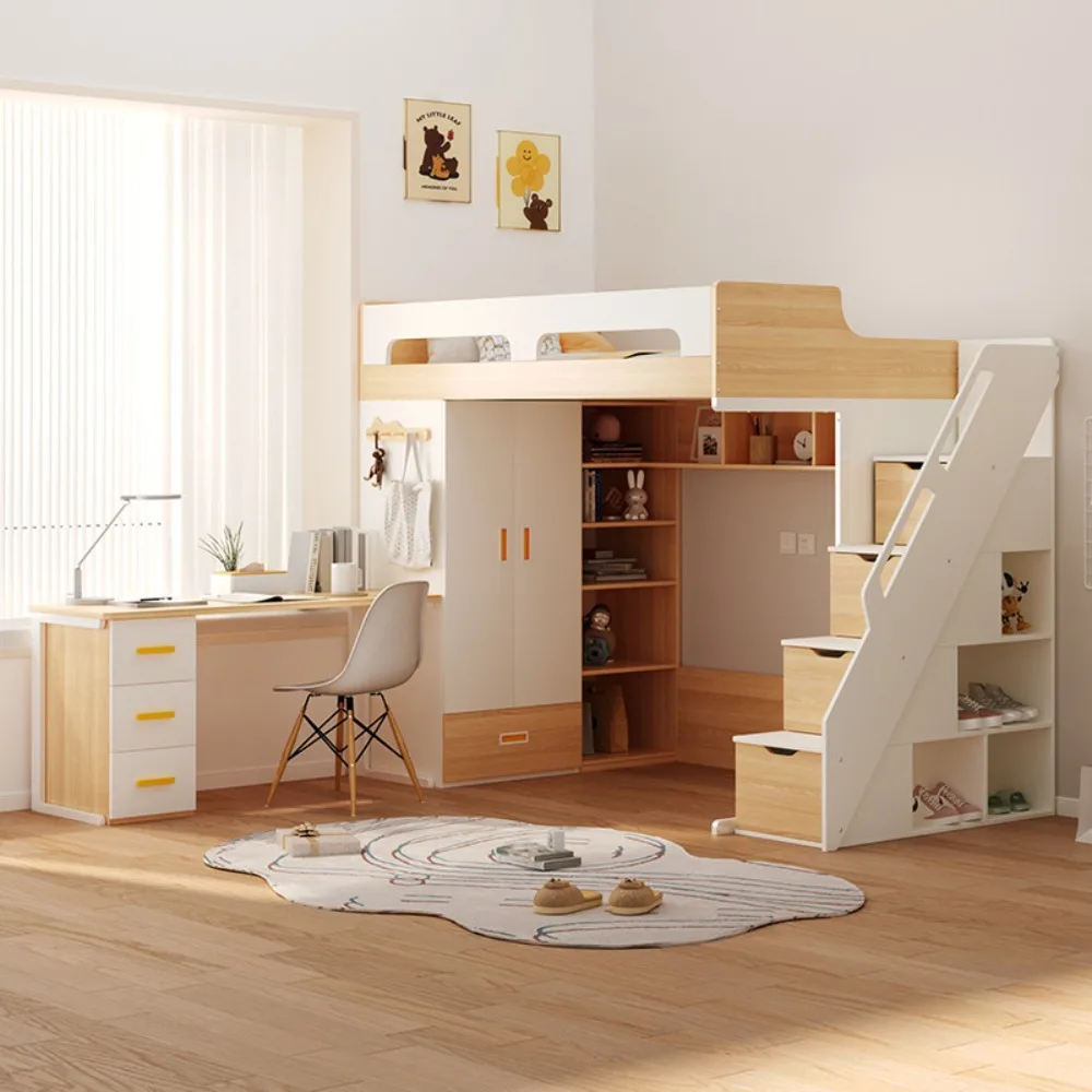 Loft Bed with Desk and Wardrobe Multifunctional Upper Bed Lower Desk Combo Space-Saving Kids Bed for Small Bedroom
