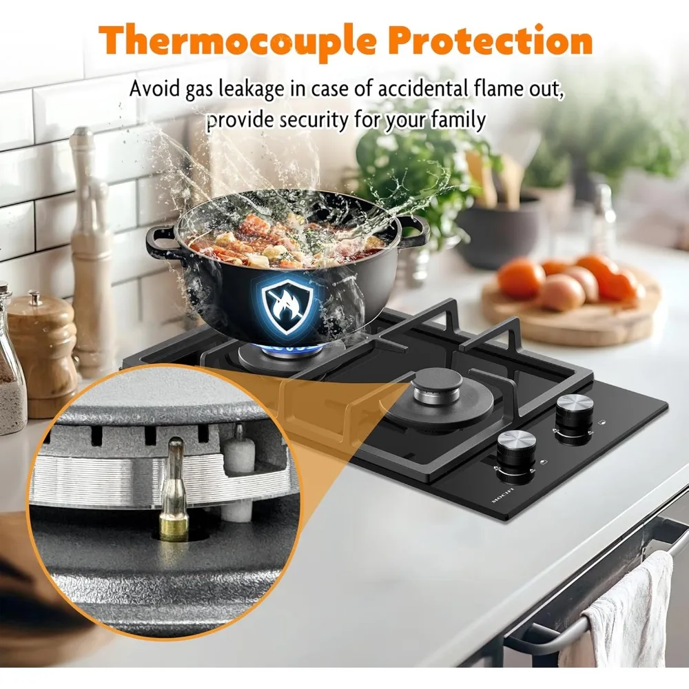 Estufa de gas de 2 quemadores, estufa de combustible doble de propano/GPL/NG integrada de 12 pulgadas, placa de vidrio templado negro con protección de termopar y A