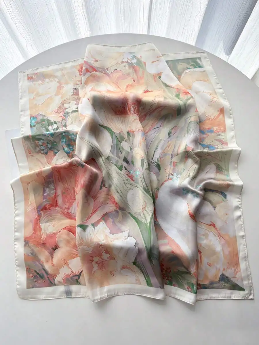 

1pc 2026 New Spring/Autumn Casual Ombre Faux Silk Printed 65*65cm Square Scarf, Unisex Headscarf Shawl Wrap, Suitable For Outdoo