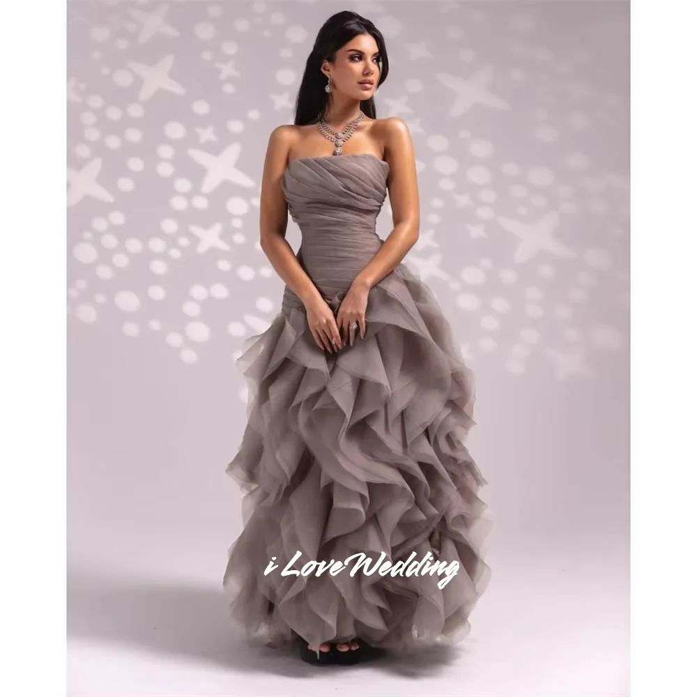 Grey Strapless Prom Dresses Ruffle Multi-Layered A-Line Sleeveless Vestidos De Noche 2026 Floor-Length Elegant Pleated Customize