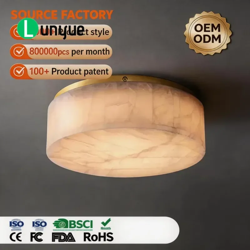 Modern Luxury LED Copper Ceiling Lamp with Marble Shade 360 Degree Luminous Angle Dimmable for Hotel Villa Living Room