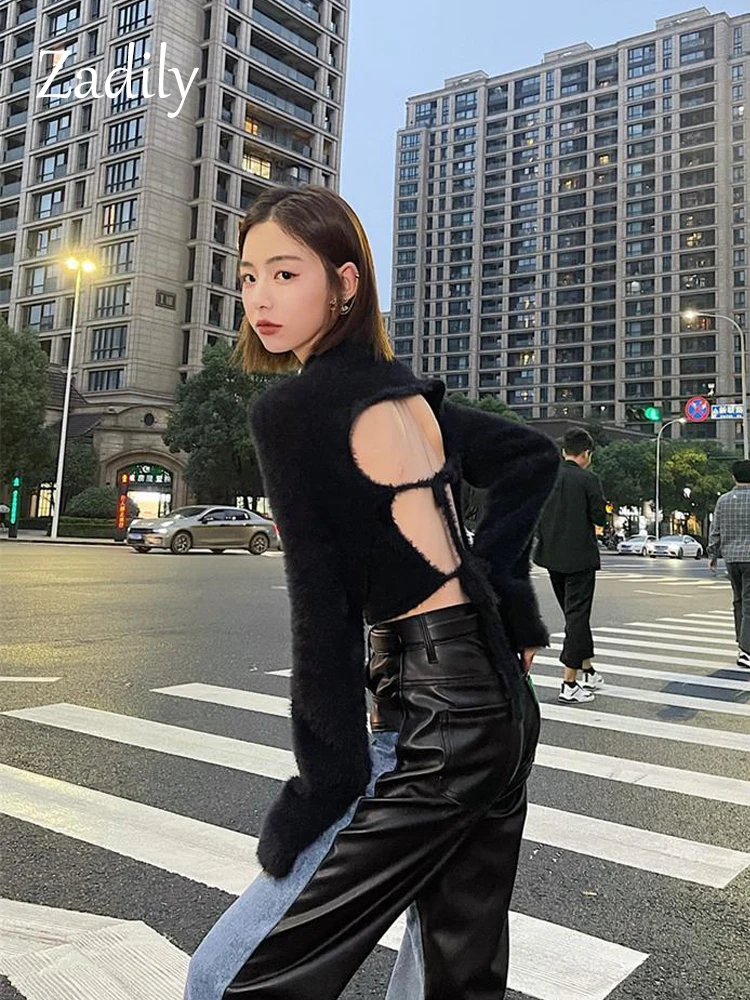 Zadily 2022 Winter Korean Style Slim Long Sleeve Mohair Sweater Women Sexy Backless Bandage Ladies Crop Top Fall Female Pullover