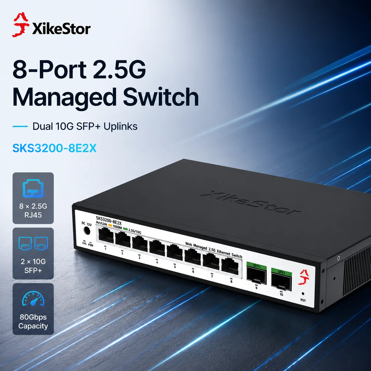 XikeStor 8 Port 2.5G Managed Ethernet Switch with 2x10G SFP+ Uplink VLAN Web Management Fanless for NAS Home Lab