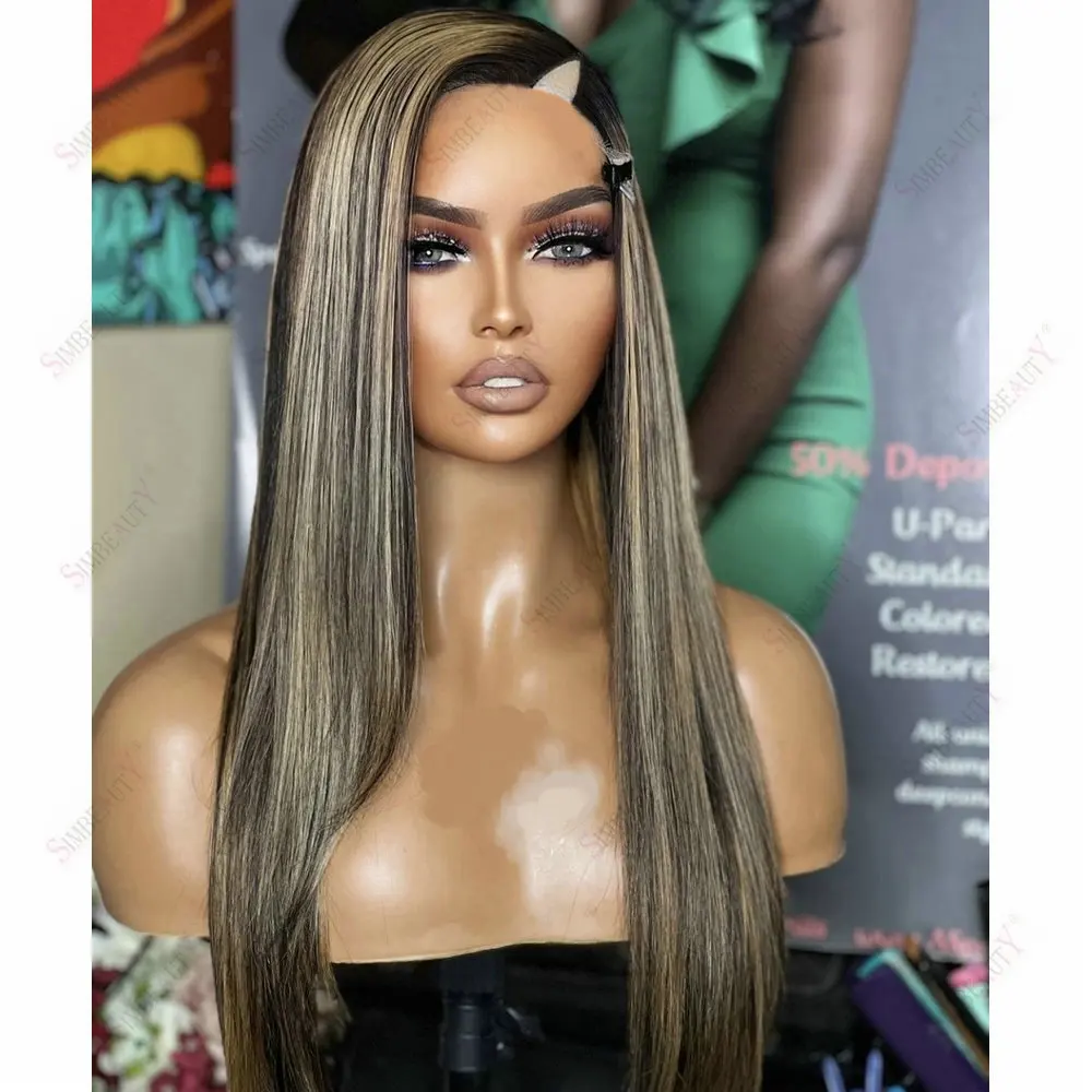 Seidig glattes 100% Remy Echthaar 1x4 V-Part Perücke für schwarze Frauen, Highlight Blonde, klebefreie U-Part Perücke mit Clips – Detail 1