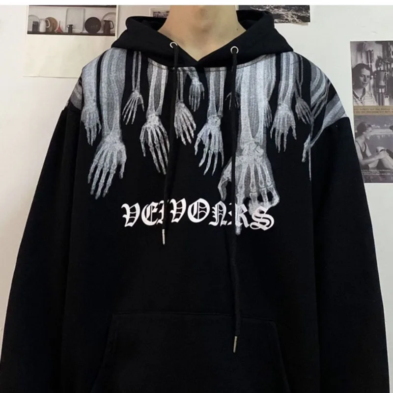 Double Sided Pattern Goth Skull Print Y2k Lovers Oversized Hoodie Vintage Streetwear Street Sweatshirt Harajuku Men's Clothing