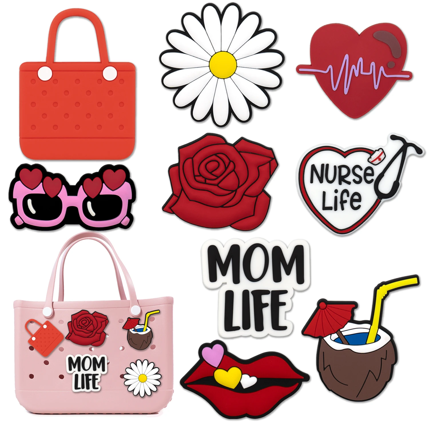 

1/9pcs Rose Charms For Beach Bag Accessories Heart Glasses Lips Handbag Decoration Beach Coconut for Tote Bag Accessories