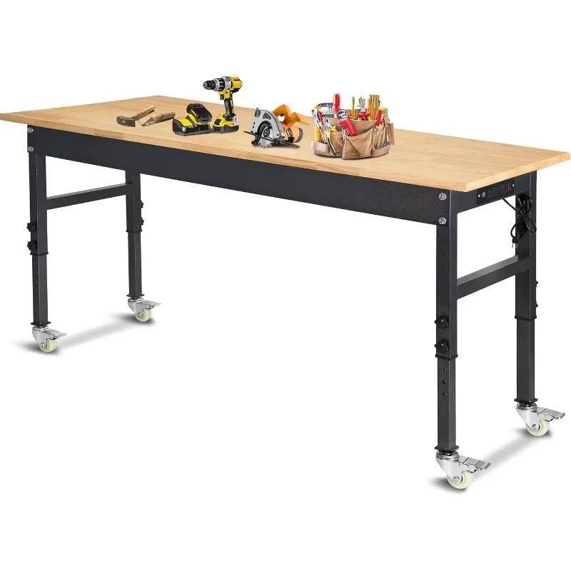 

60" Adjustable Work Bench, Rubber Wood Top Workbench Heavy-Duty Work Table with Power Outlet with Wheels