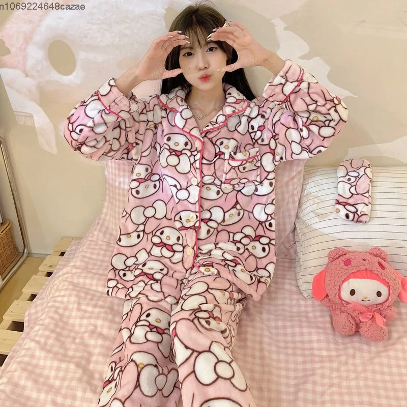 Sanrio Melody New Kawaii Plush Pajamas Suit Aesthetic Pink Cardigan Trousers 2 Piece Set Women Soft Tops Pants Sleepwear Y2k