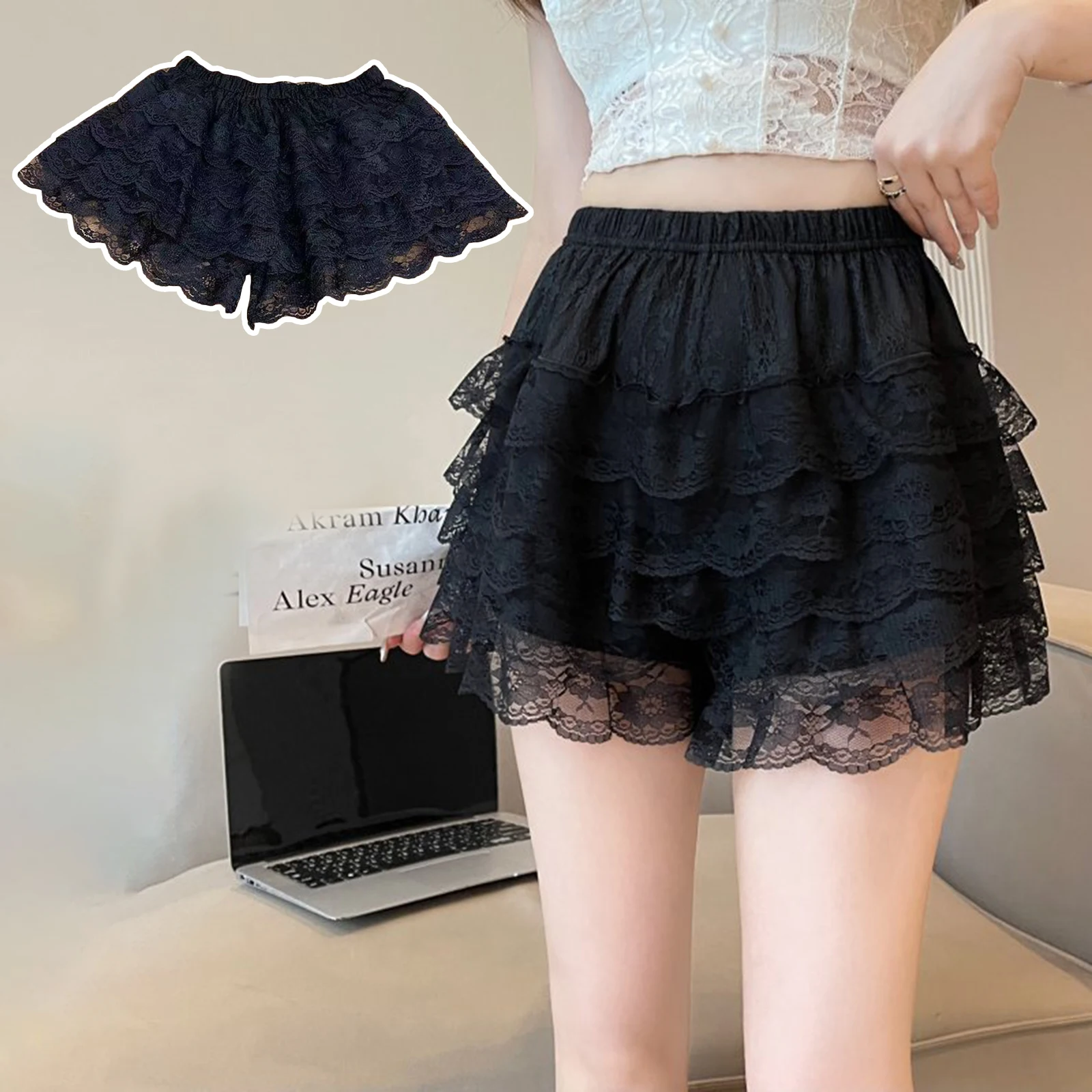 Combhasaki Dames Y 2K Kawaii Gelaagd Met Ruche Wijde Pijpen Casual Elastische Taille Effen Kleur Kanten Bloeiers Lolita Kleding