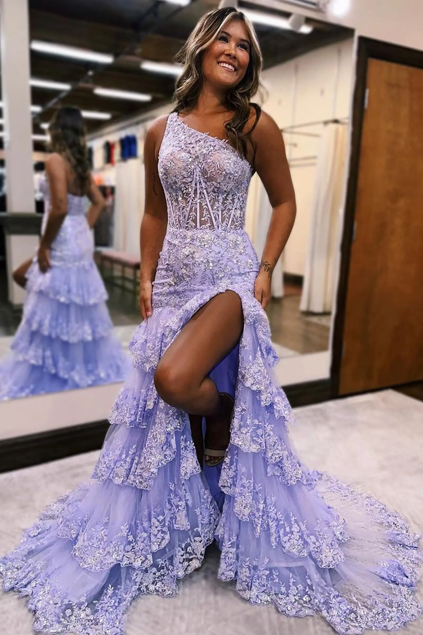 

One Shoulder Sparkly Lace Tiered Tulle Prom Dresses Corset Long A Line Formal Evening Gown with Slit