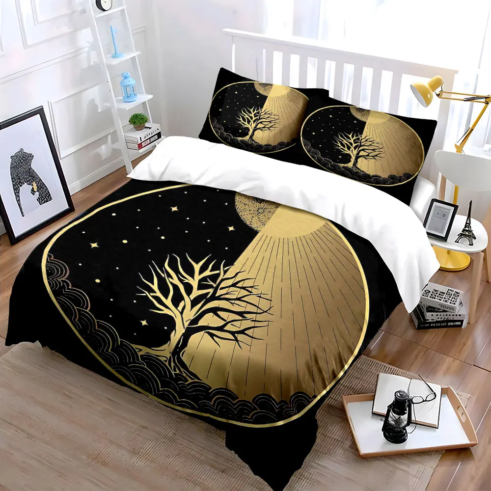 Sun Moon Tree Art Decor Bedding Set with 1 Duvet Cover 2 Pillowcases Single Double King Queen, Gift