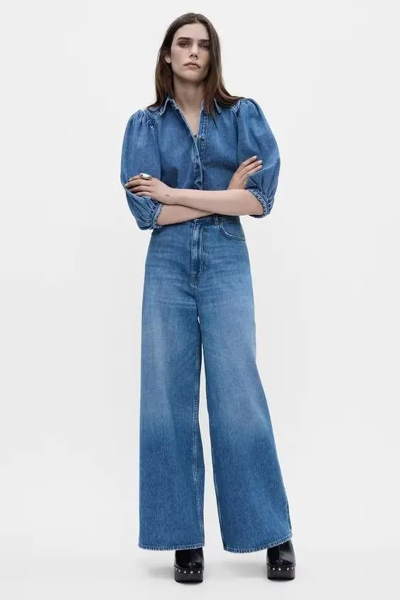 Printemps 2025 femmes Denim irt Puffy Sve col rabattu jean à jambes larges nouveauté trajet Sle taille haute Polyester F...