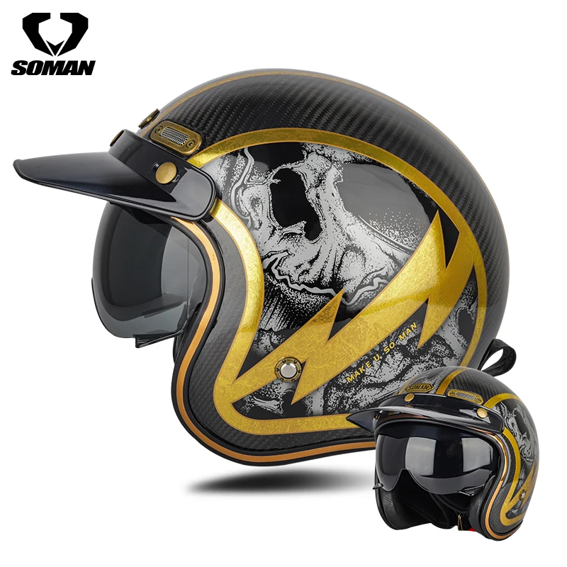 

SOMAN 3/4 Open Face Motorcycle Helmet Retro Carbon Fiber Motorbike Helmets with Visor Men Casco Moto Bike Scooter Capacete DOT