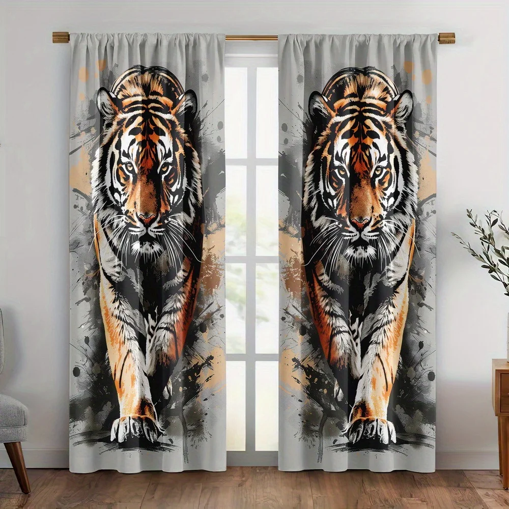 2 Panels Tiger Printed Curtains Ink Splash Animal Pattern Polyester Living Room Bedroom Window Drapes Home Decor