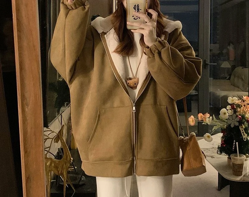 Hooded and Flannel Cotton Coat Women's Lamb Fleece Cotton Coat Winter Jacket