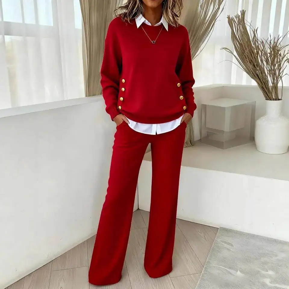 

Fashionable Button Decorative Fake Two-Piece Set Casual Pants Mid-Low Waist PVC Fabric Universal Fit PU Material Splicing Pro...