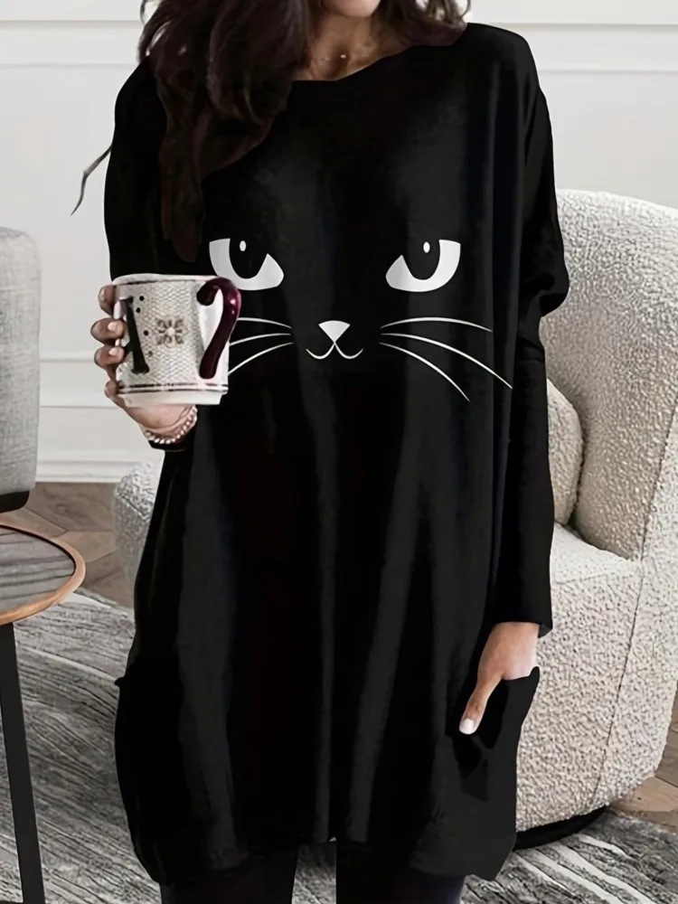 Spring Women Mid Length Sweatshirt Dress Soft Kitty Print Loose Round Neck Long Sleeve T-shirt Pocket Casual Loose Pullover Top