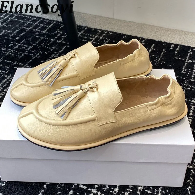 

Spring Autumn Round Toe Retro Genuine Leather loafers Women's Tassel Design Elastic Band Flat Shoes Casual Walking Single Shoes